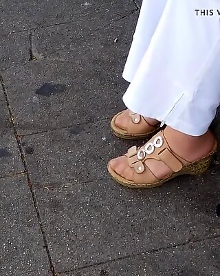 granny nylon feet in cork shoes
