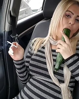 Public fuck with big cucumber until squirt- Car masturbation street