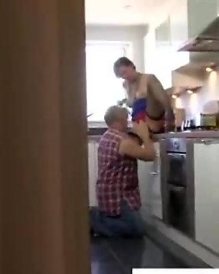 Amateur euro babe in stockings gets pussy licked in the kitchen